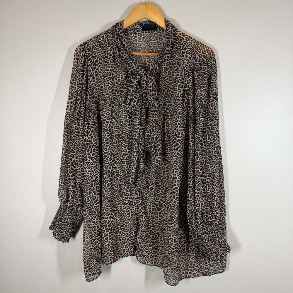 Cily Chic Womens XL 22 Leopard Print Tie Neck Long Sleeve Blouse Smocked Cuffs